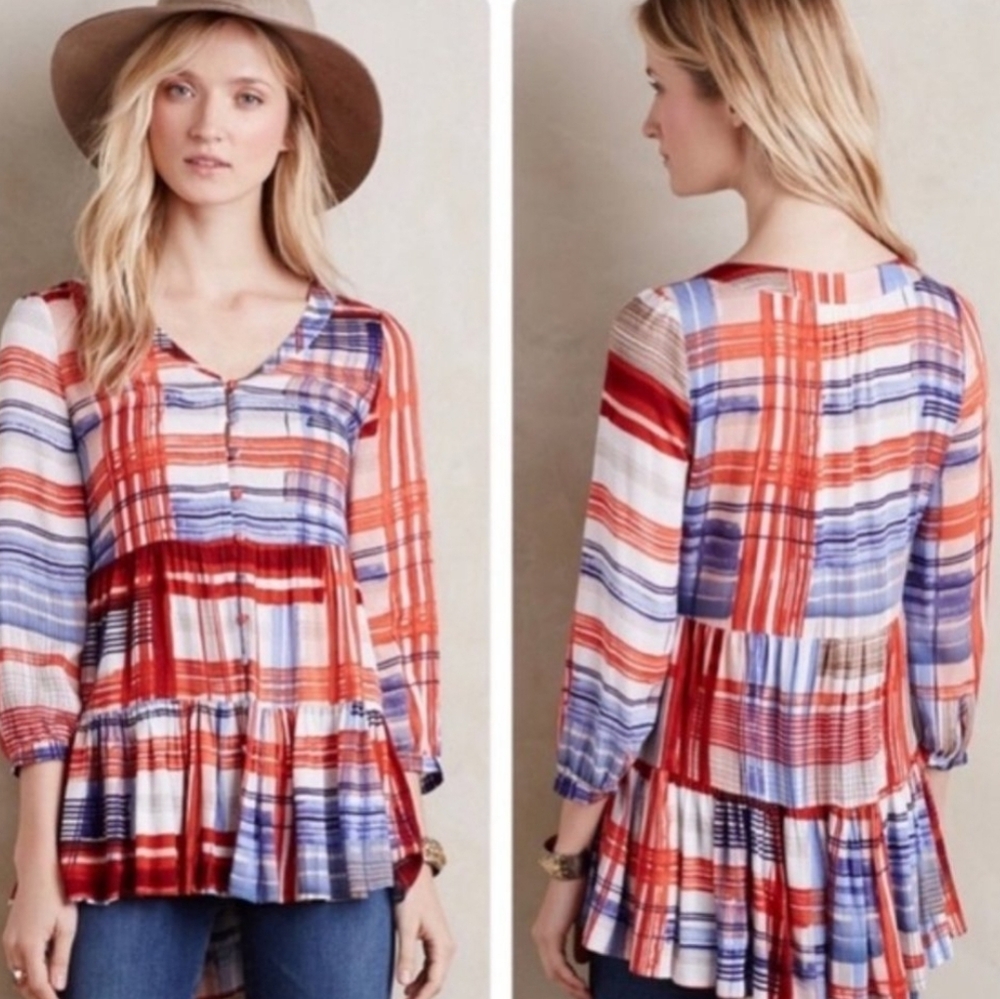 Anthropologie Maeve Patriotic Red and White Plaid Blouse Size XS‎ - Picture 6 of 6